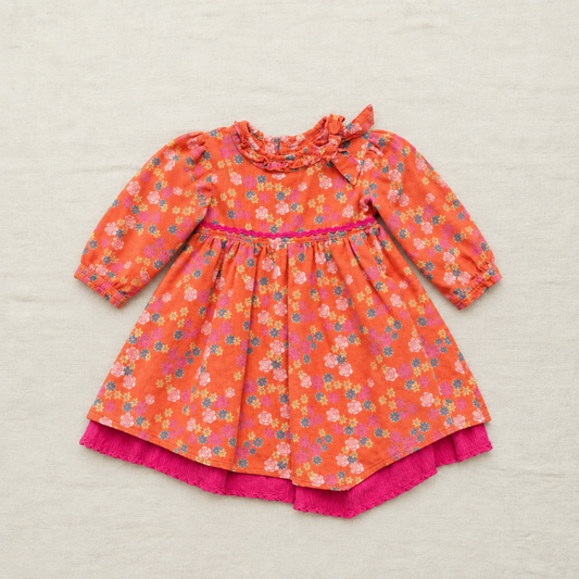 Robe Deux par Deux 12 mois orange brulé à fleurs, nœud au col, manches longues et volant