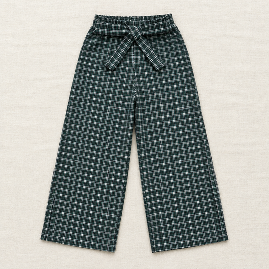Pantalon enfant à carreaux vert, taille élastique avec nœud