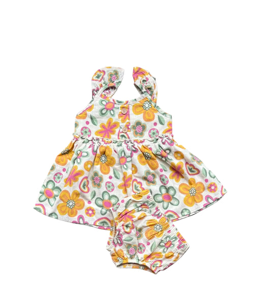 Robe bébé à capuche fleurie multicolore avec bloomer assorti