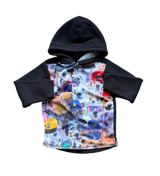 Veste à capuche enfant noire, motif animaux multicolores, poches kangourou
