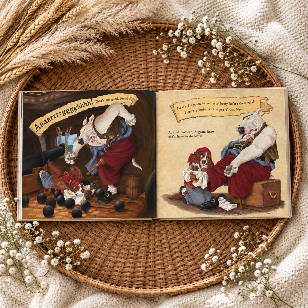 Livre ouvert à pages illustrées, chiens et pirates, ambiance aventure