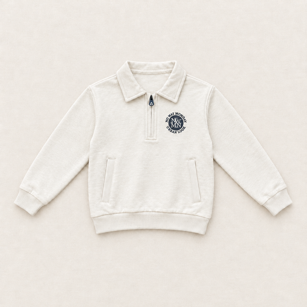 Sweat-shirt crème 5 ans, demi-zip, poche kangourou et logo poitrine