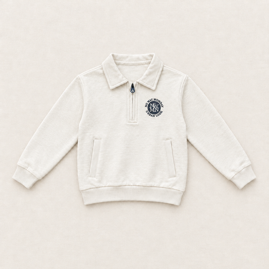 Sweat-shirt crème 5 ans, demi-zip, poche kangourou et logo poitrine