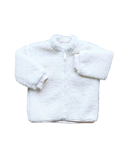 Manteau bébé en polaire blanche, col montant et fermeture éclair devant