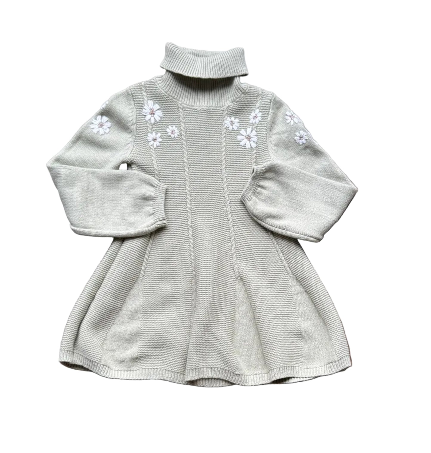 Robe en tricot vert clair, col roulé, manches longues et motifs fleurs brodées