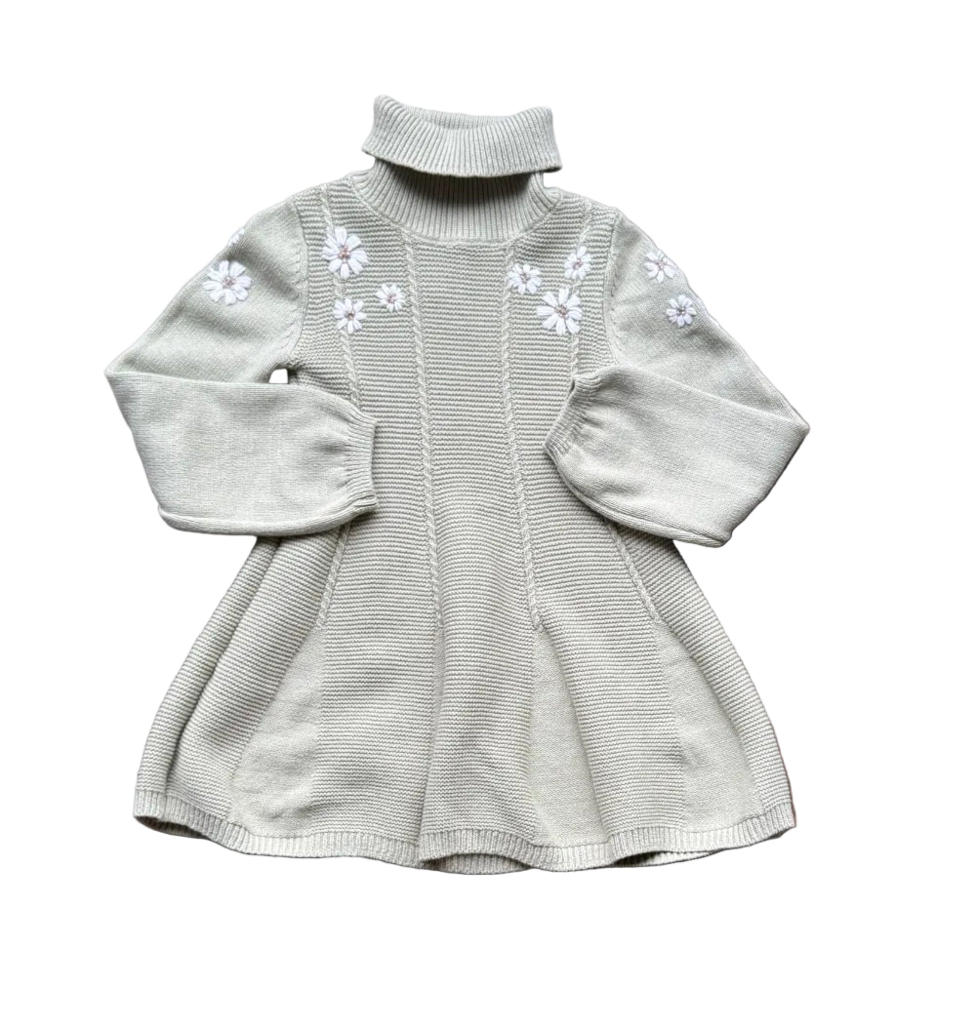 Robe en tricot vert clair, col roulé, manches longues et motifs fleurs brodées