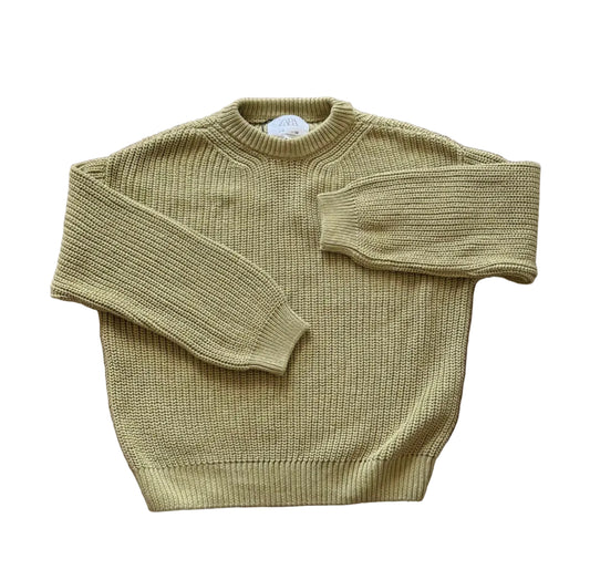 Chandail tricot vert kaki pour enfant 7 ans, col rond côtelé, manches longues