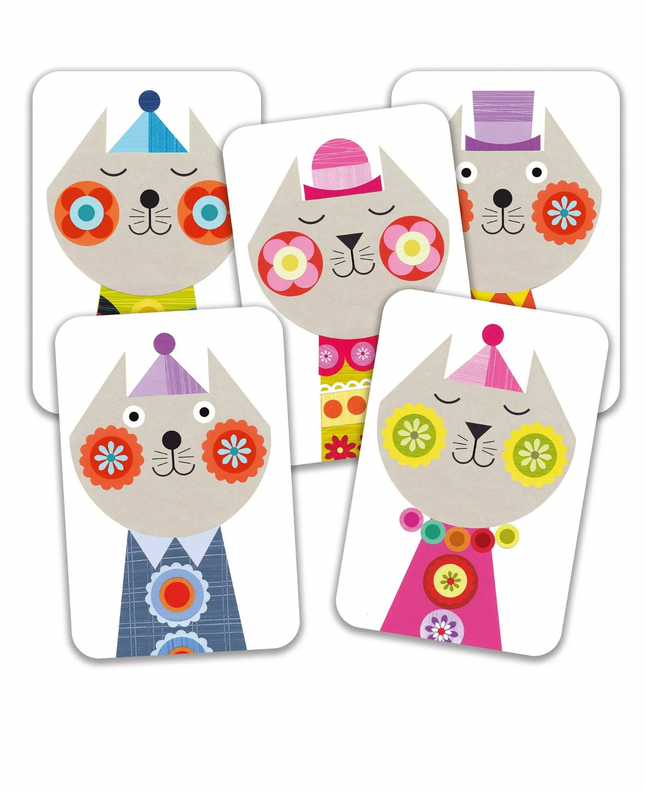 Jeu Mixamatou Djeco : cartes en forme de chats illustrés et motifs colorés