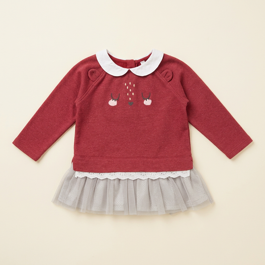 Robe enfant rouge à manches longues, col blanc, motif souris, jupe en tulle.