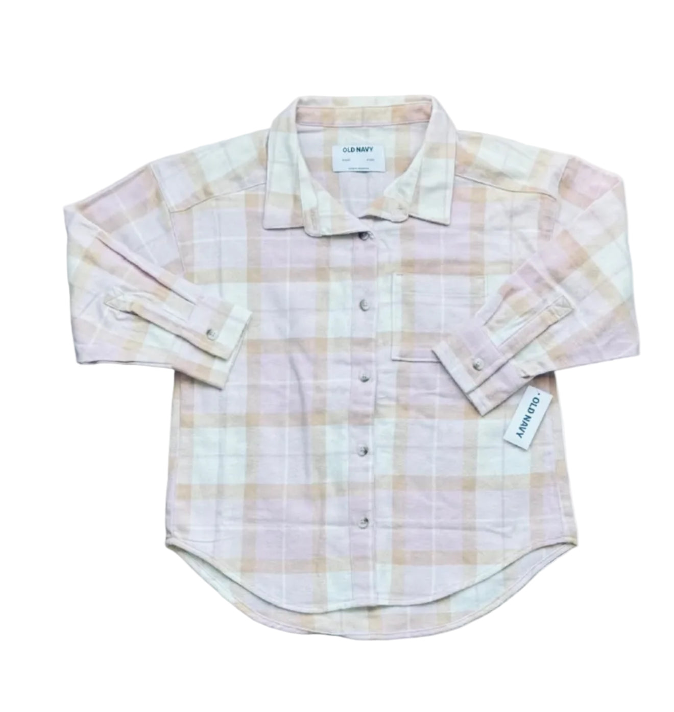 Chemise à carreaux damier pastel, manches longues, col boutonné, étiquette