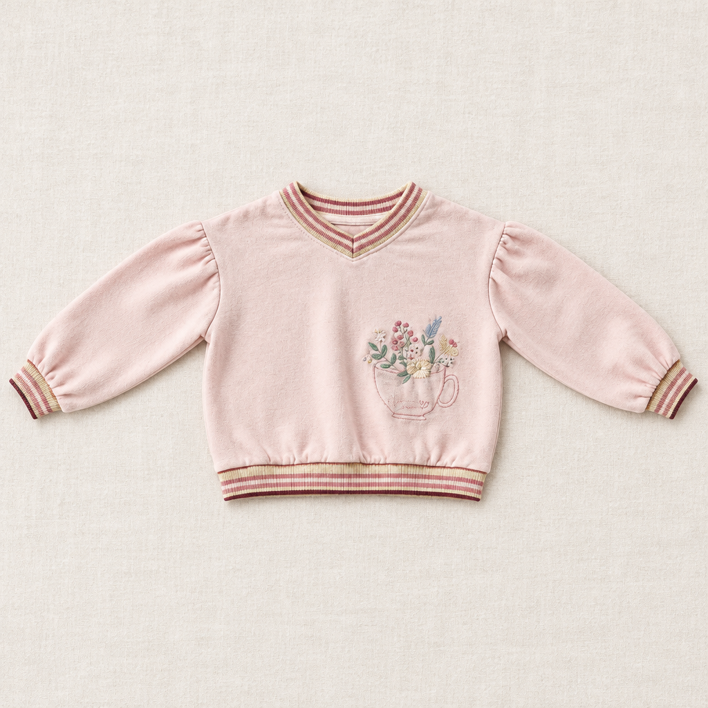 Chandail rose clair à col en V rayé et appliqué fleur dans une tasse