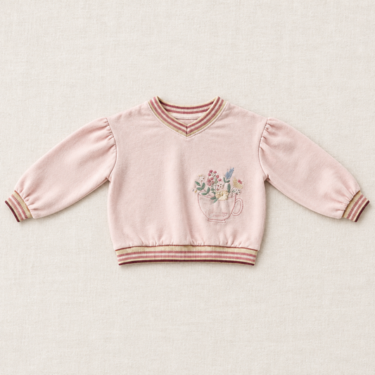 Chandail rose clair à col en V rayé et appliqué fleur dans une tasse