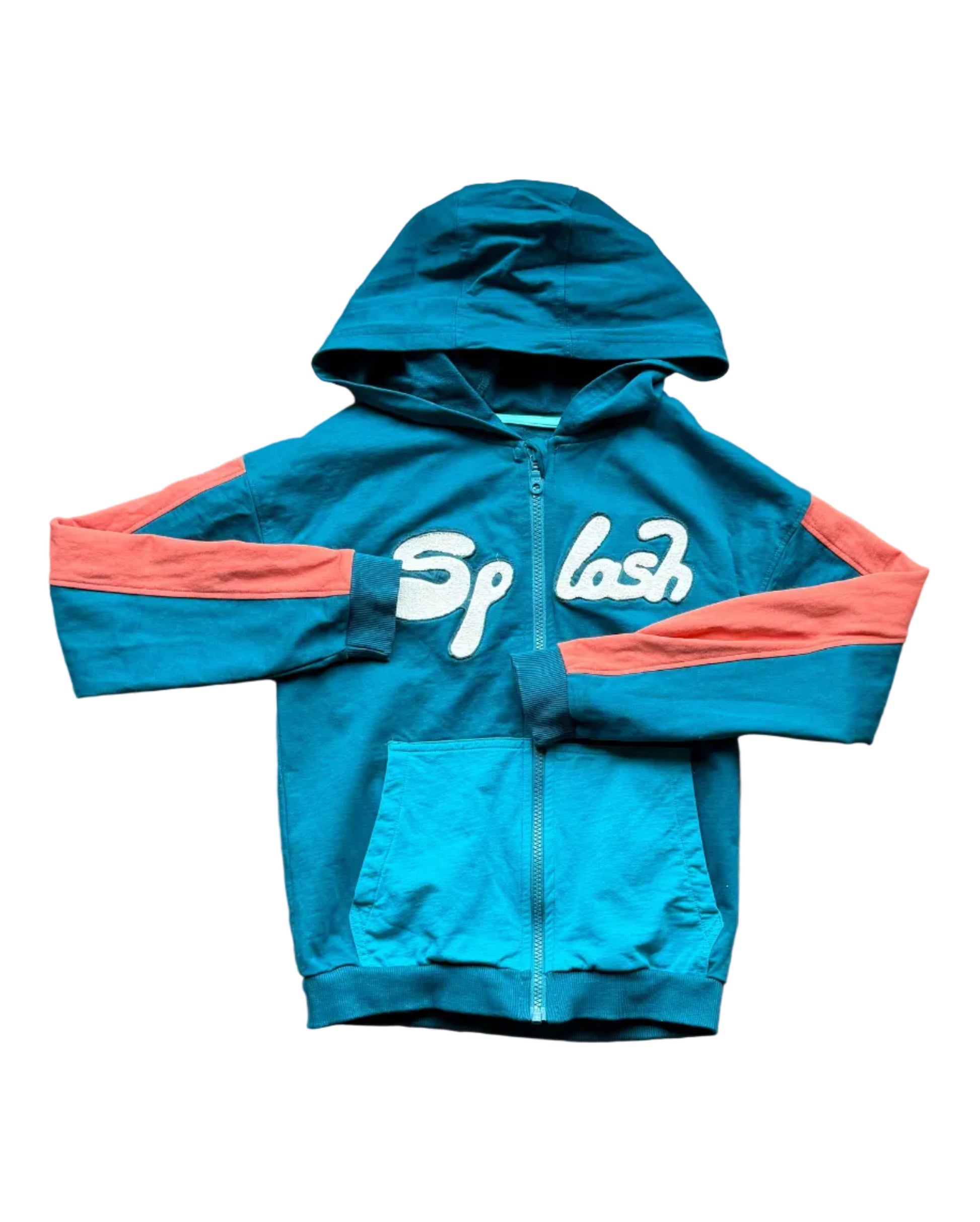Veste à capuche Souris Mini 10 ans turquoise, fermeture zippée et manches rose, logo Flash