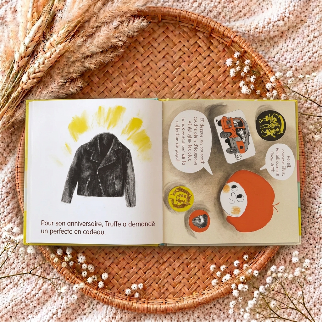 Livre jeunesse ouvert, illustrations d’une veste et d’un panda, texte pour enfants.