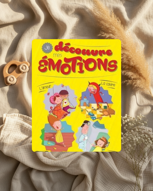 Livre jeunesse à couverture jaune «Je découvre mes émotions», personnages et pictogrammes.