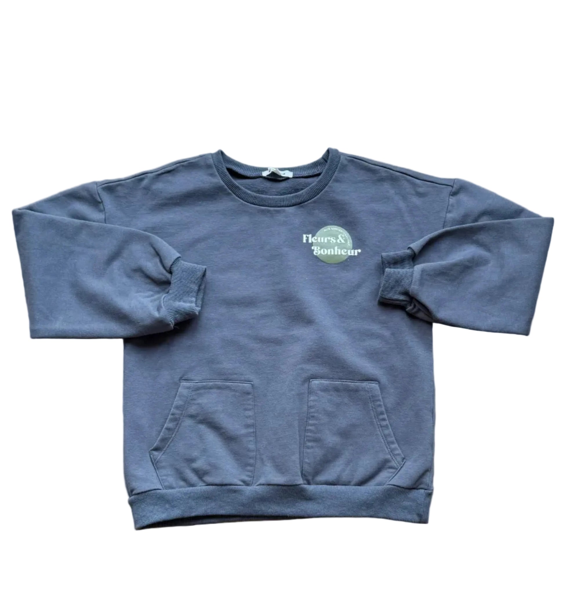 Chandail garçon bleu-gris, col rond, manches longues, poches avant