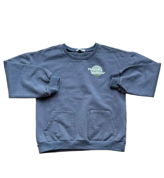 Chandail garçon bleu-gris, col rond, manches longues, poches avant