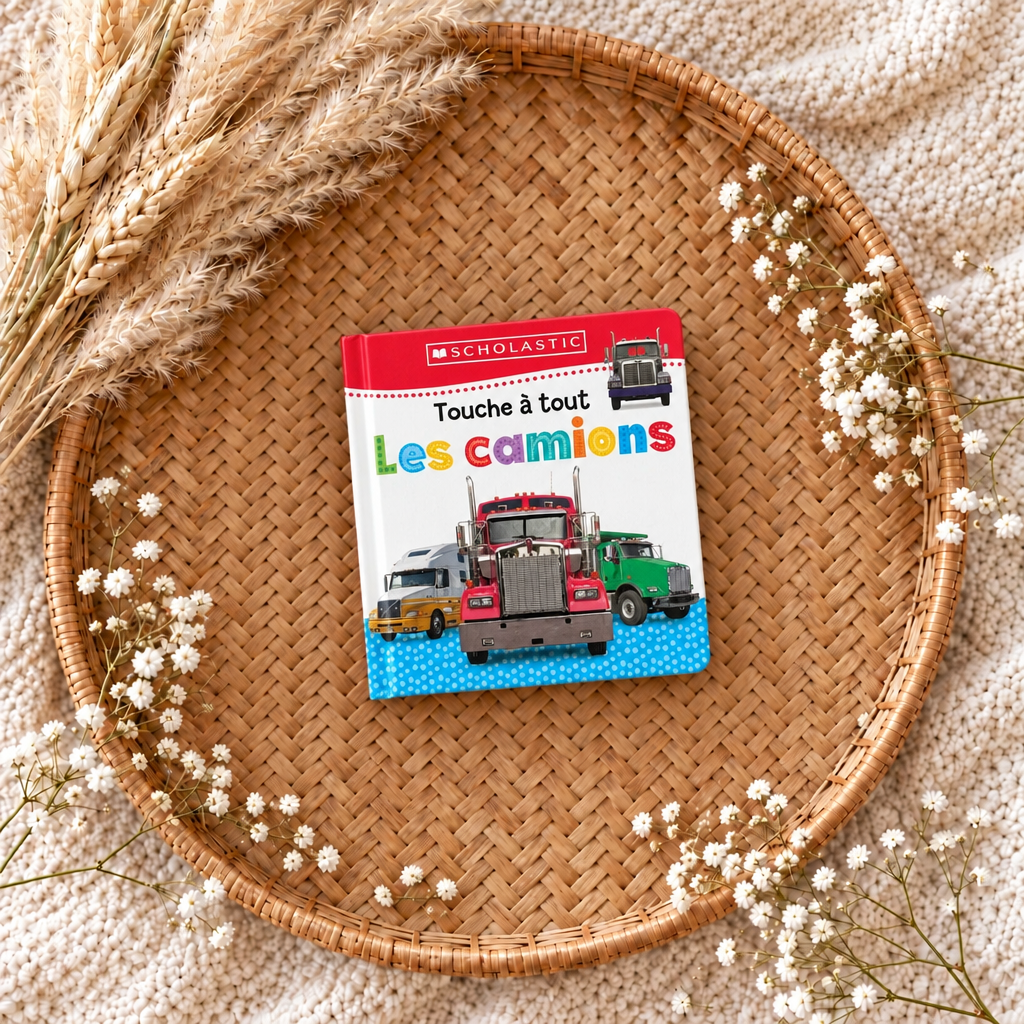 Livre jeunesse Les camions, couverture avec plusieurs camions colorés