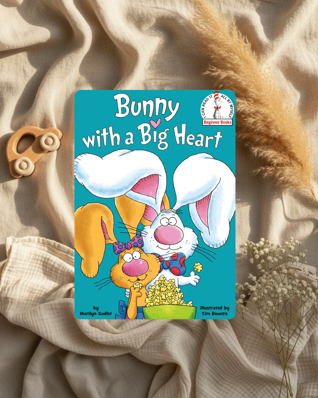 Livre jeunesse à couverture turquoise avec lapin blanc et grand cœur