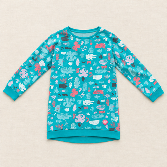 Tunique enfant turquoise à manches longues, imprimé animaux marins multicolores