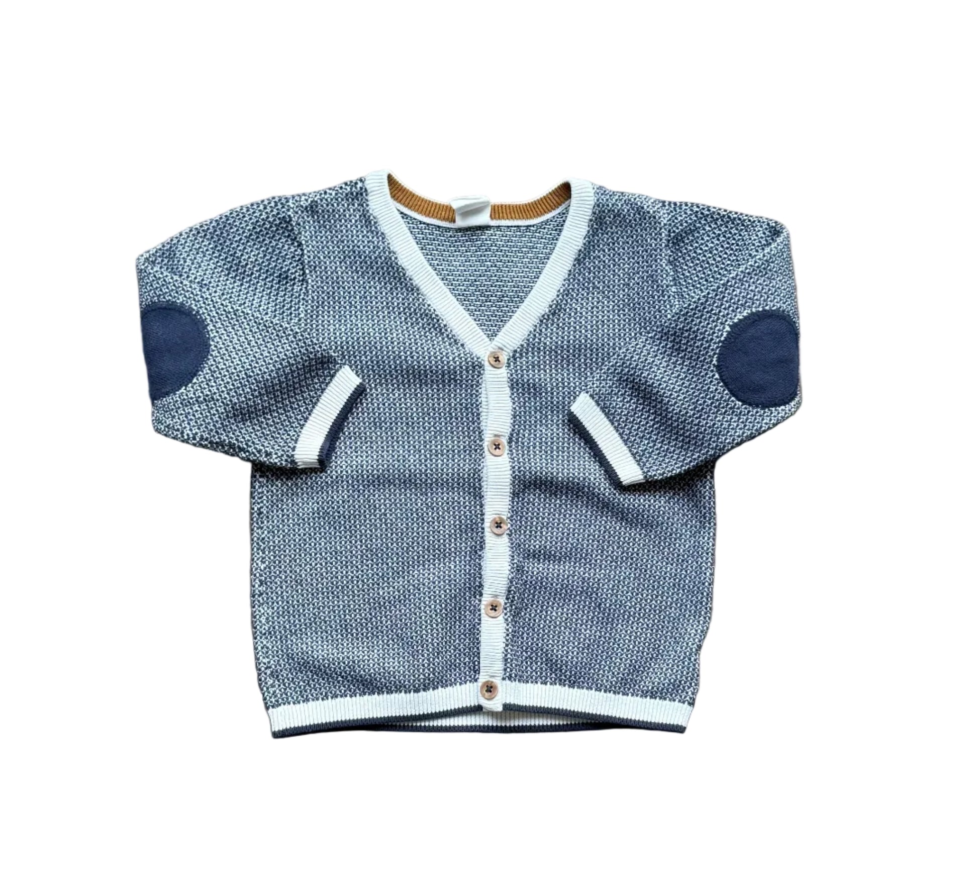 Cardigan bleu en maille, col V, boutons devant, bordures côtelées, motifs ronds.