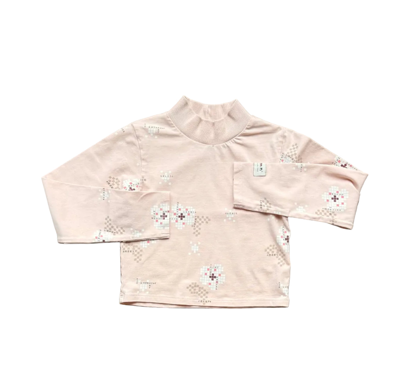 Chandail Souris Mini 4 ans en coton rose crème, col rond et motifs brodés.