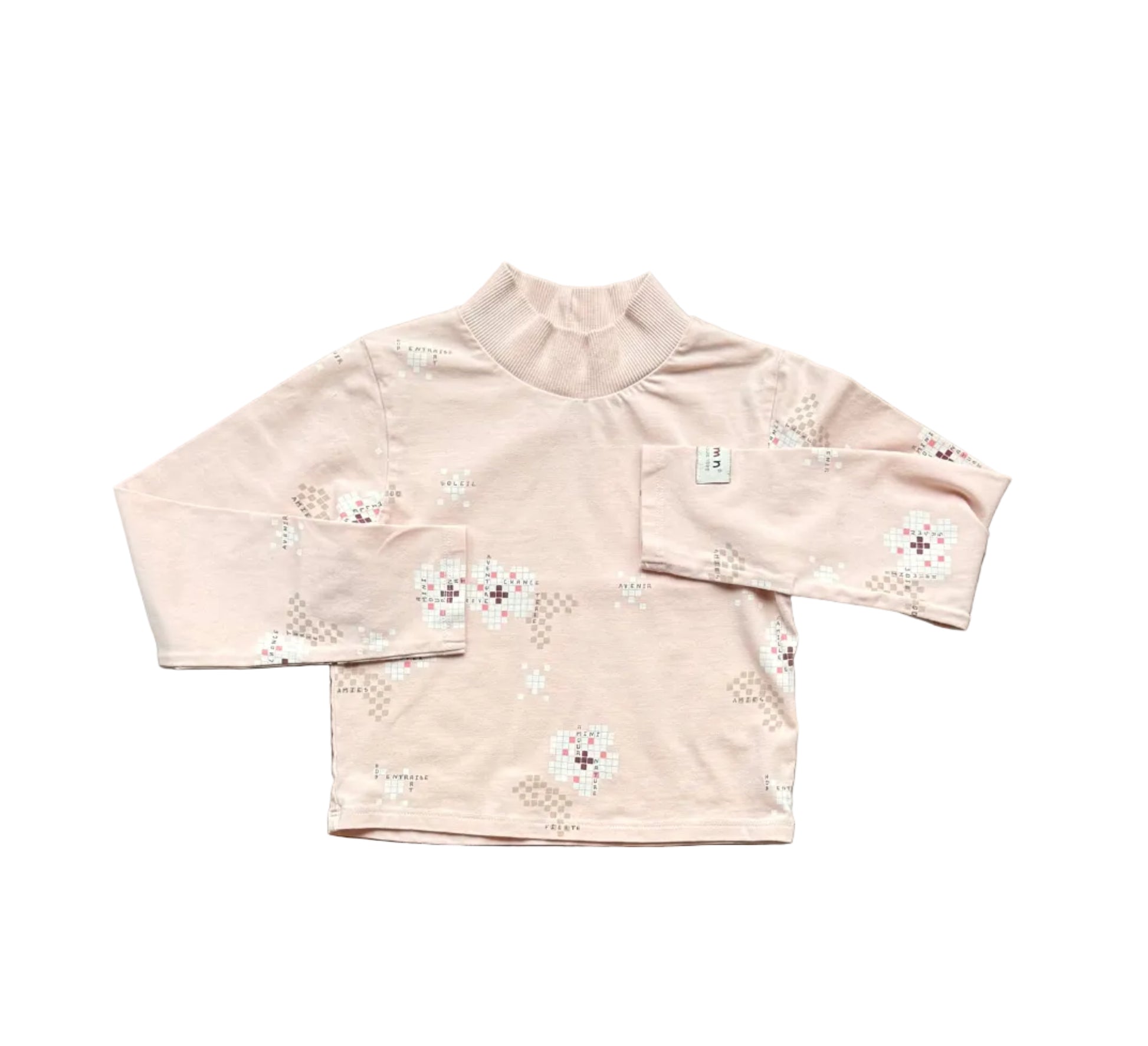 Chandail Souris Mini 4 ans en coton rose crème, col rond et motifs brodés.