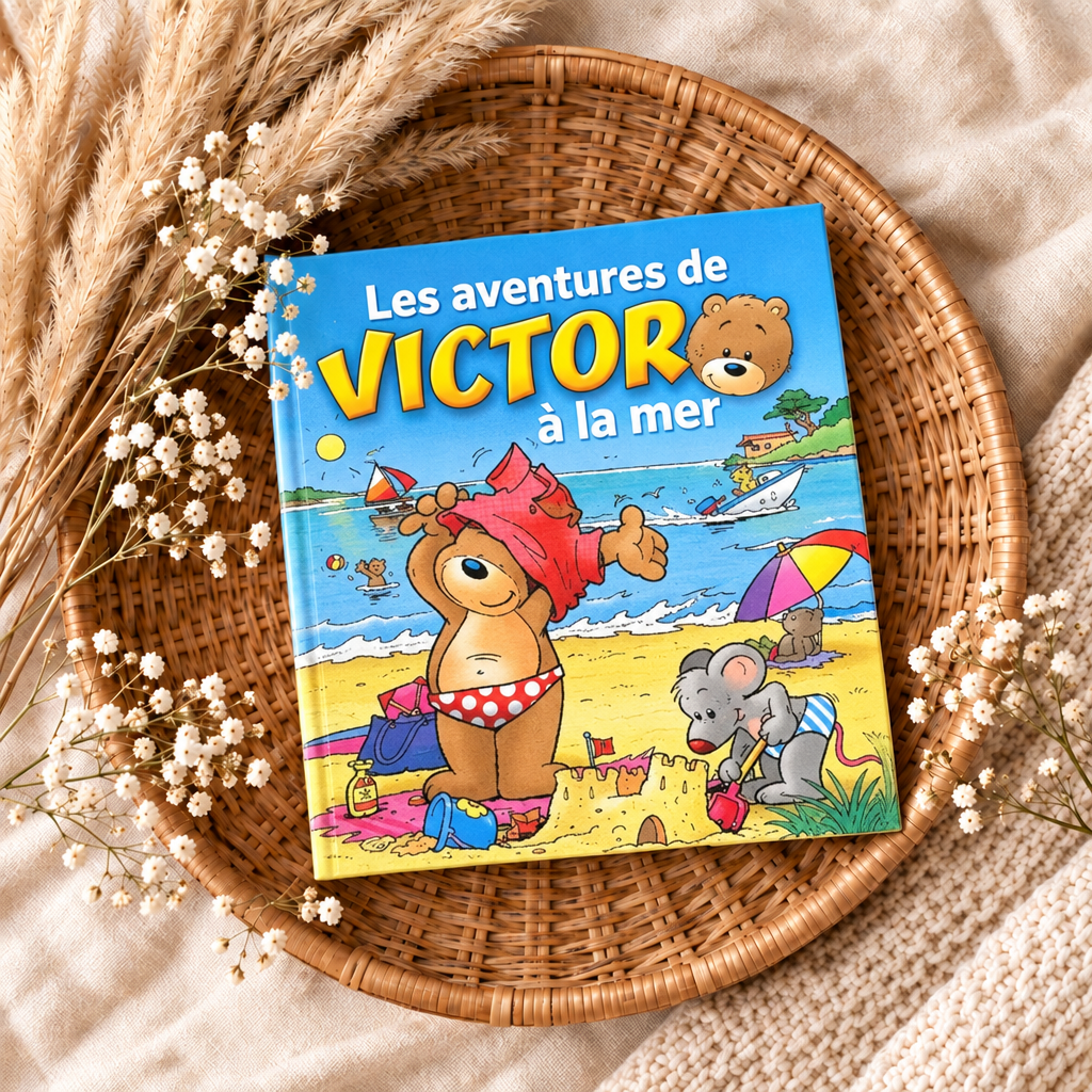 Livre jeunesse à couverture illustrée « Les aventures de Victor à la mer ».