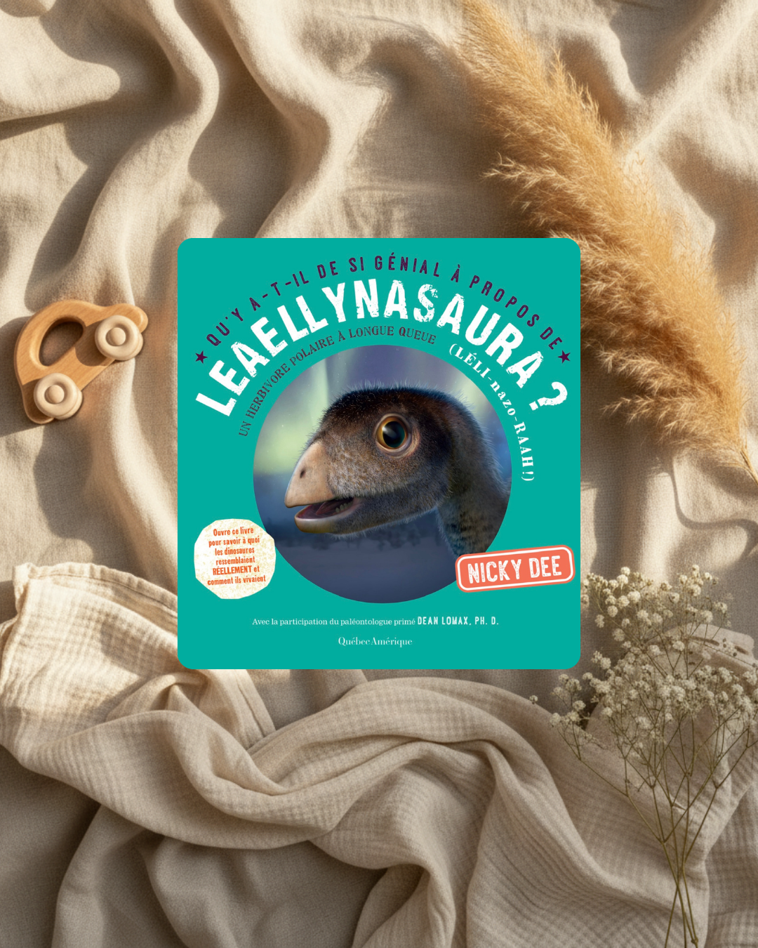Livre jeunesse à couverture verte, titre Leaellynasaura et portrait de dinosaure