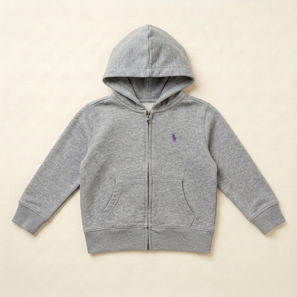 Veste à capuche zippée grise Ralph Lauren pour enfant, poches kangourou