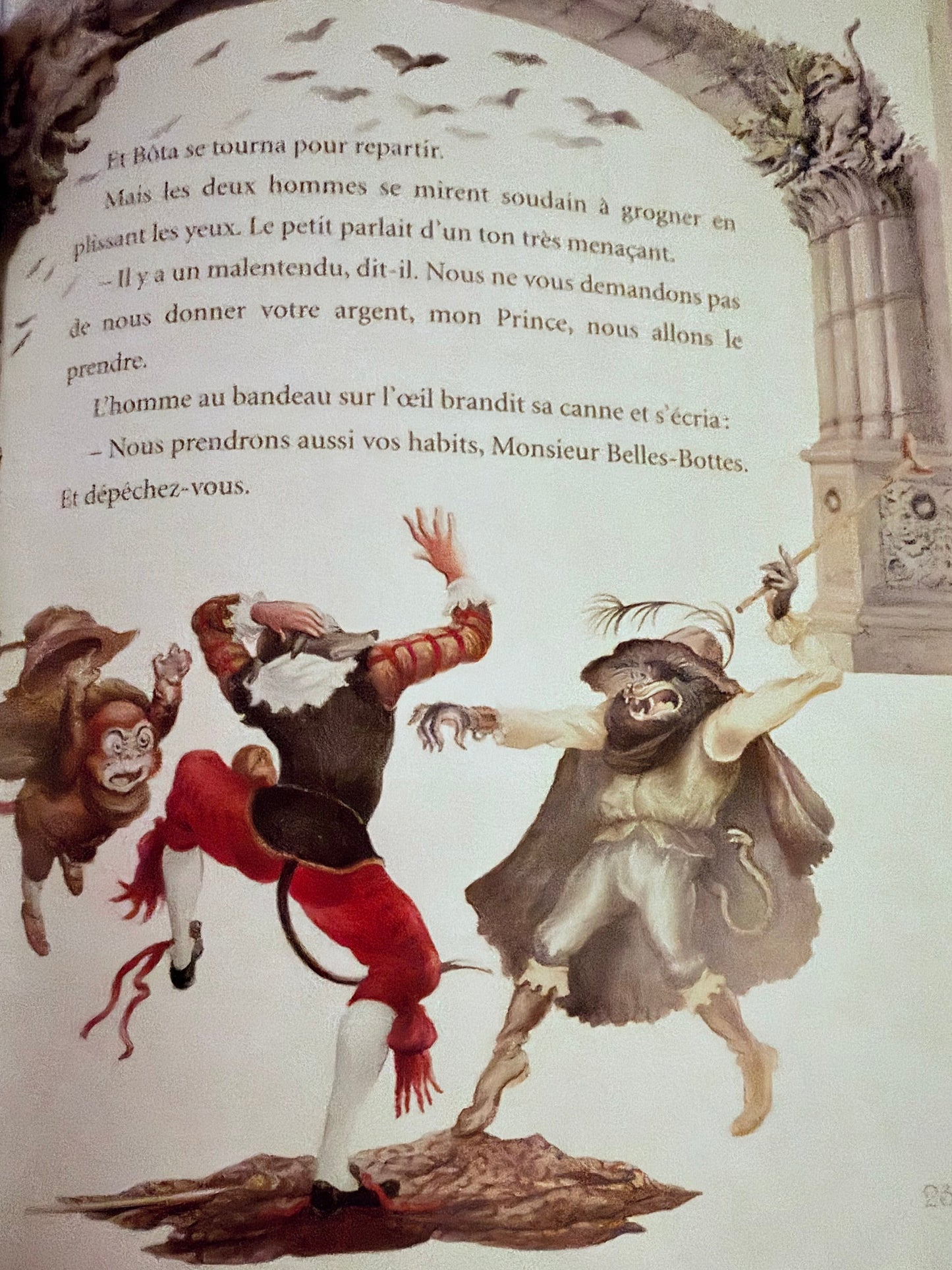 Page de livre illustrée : texte français avec personnages en mouvement
