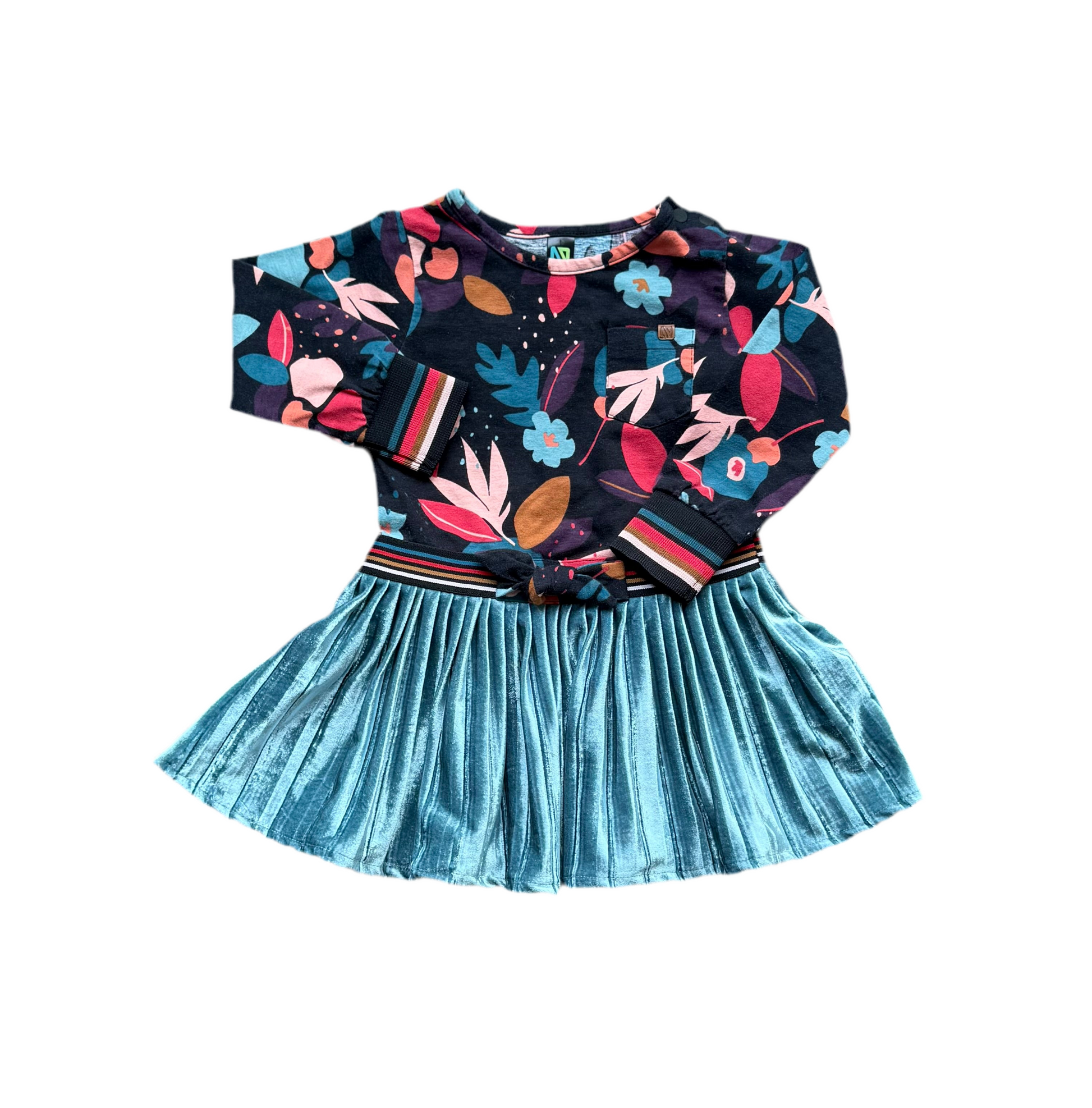Robe bébé à manches longues, haut floral sombre et jupe plissée bleu-vert