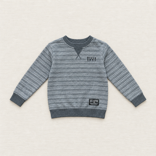 Chandail Billabong rayé gris, manches longues, col rond, logo poitrine