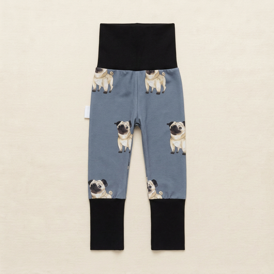 Legging bébé en coton bleu ardoise avec motifs de chiens et empiècements noirs