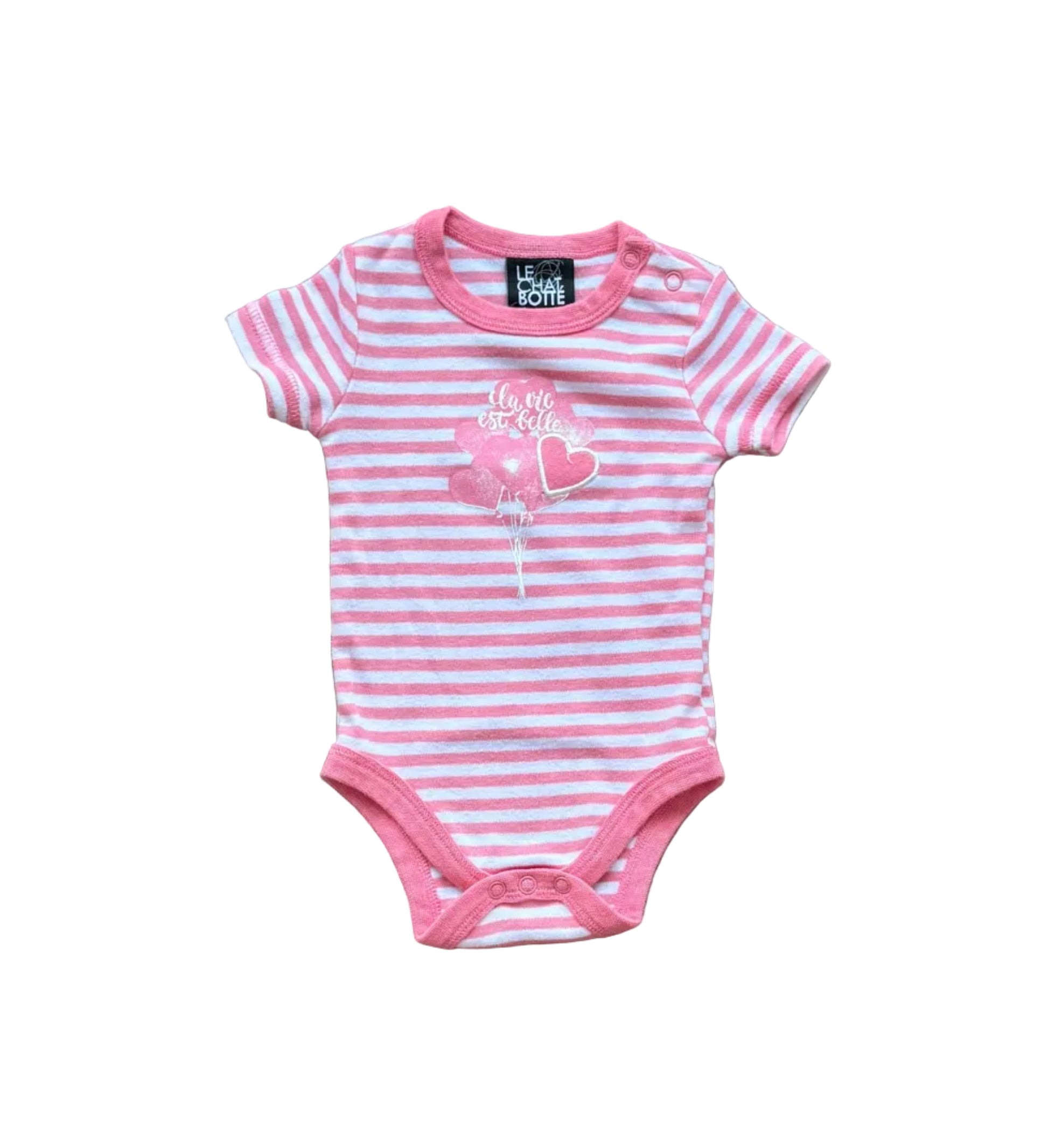 Body bébé 3 mois rayé rose et blanc, manches courtes, col et pressions