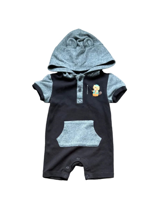 Combinaison une-pièce bébé noire à capuche grise, motif ourson, manches courtes