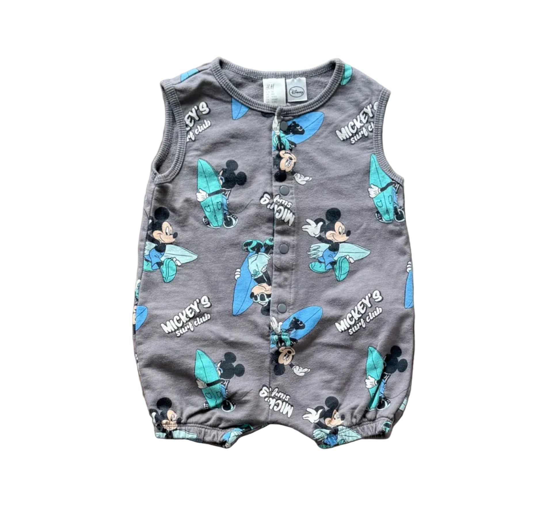 Barboteuse bébé grise sans manches, boutons-pression, motif Mickey Club.