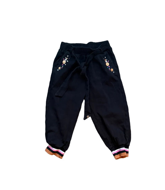 Pantalon bébé Nano 24 mois noir, broderies florales et bas rayés
