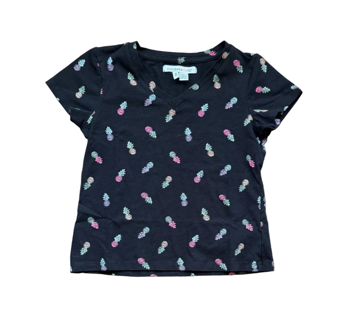 T-shirt noir à motifs ananas multicolores, col V