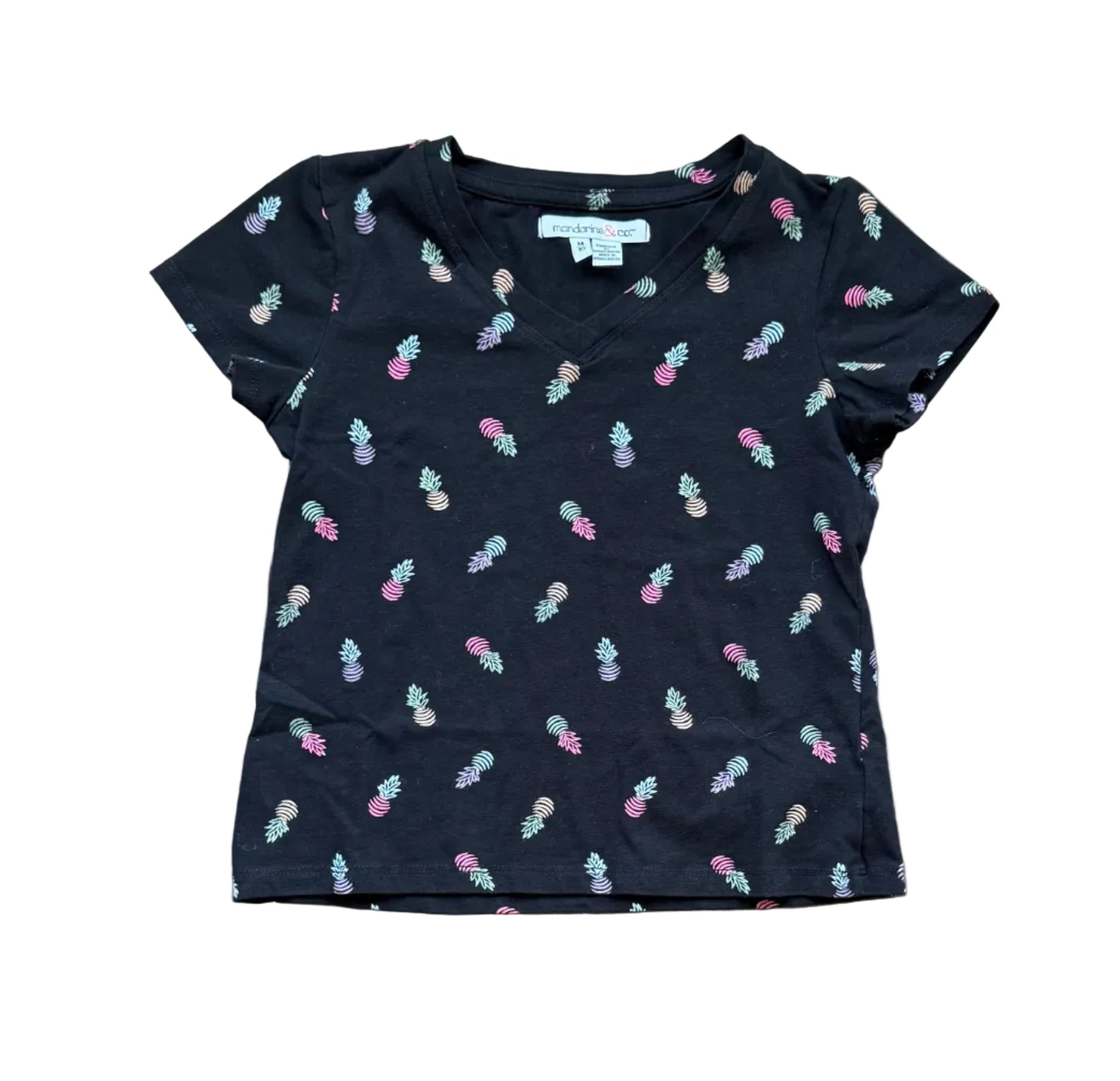 T-shirt noir à motifs ananas multicolores, col V