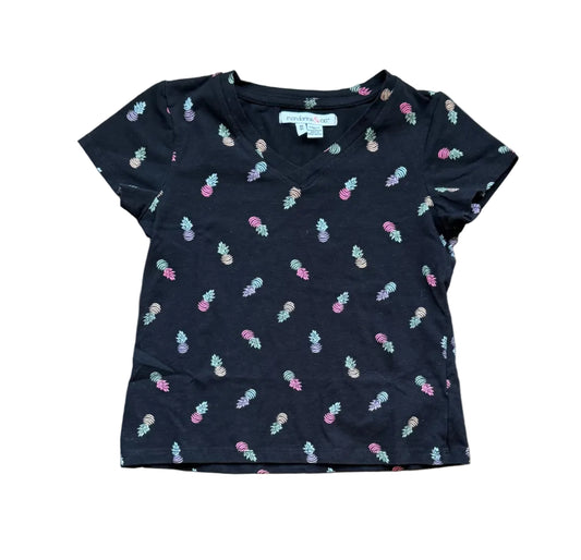 T-shirt noir à motifs ananas multicolores, col V