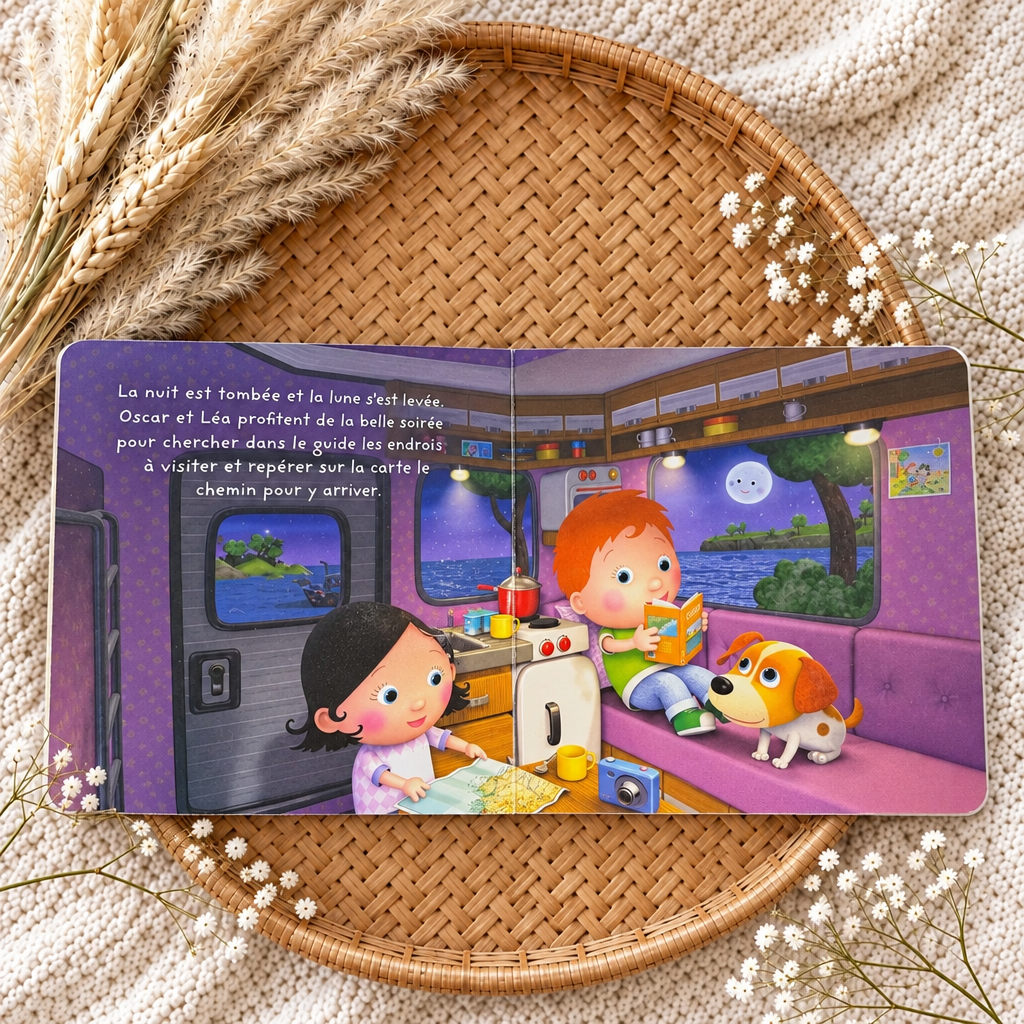 Livre jeunesse «Le camping-car d’Oscar» illustré avec camping-car et enfants