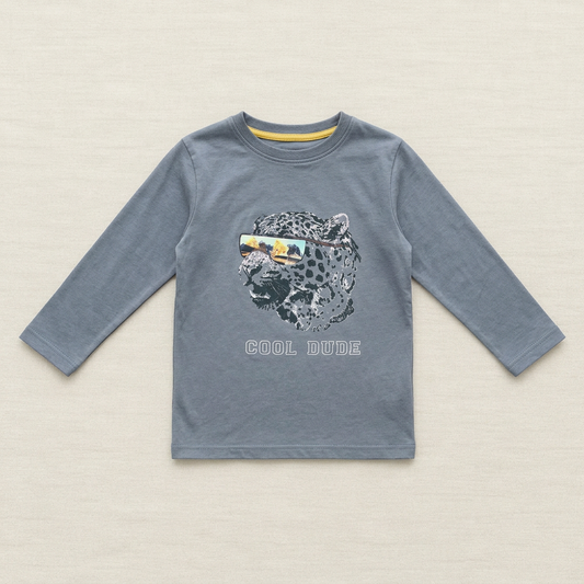 Chandail enfant bleu à manches longues, imprimé léopard « COOL DUDE »
