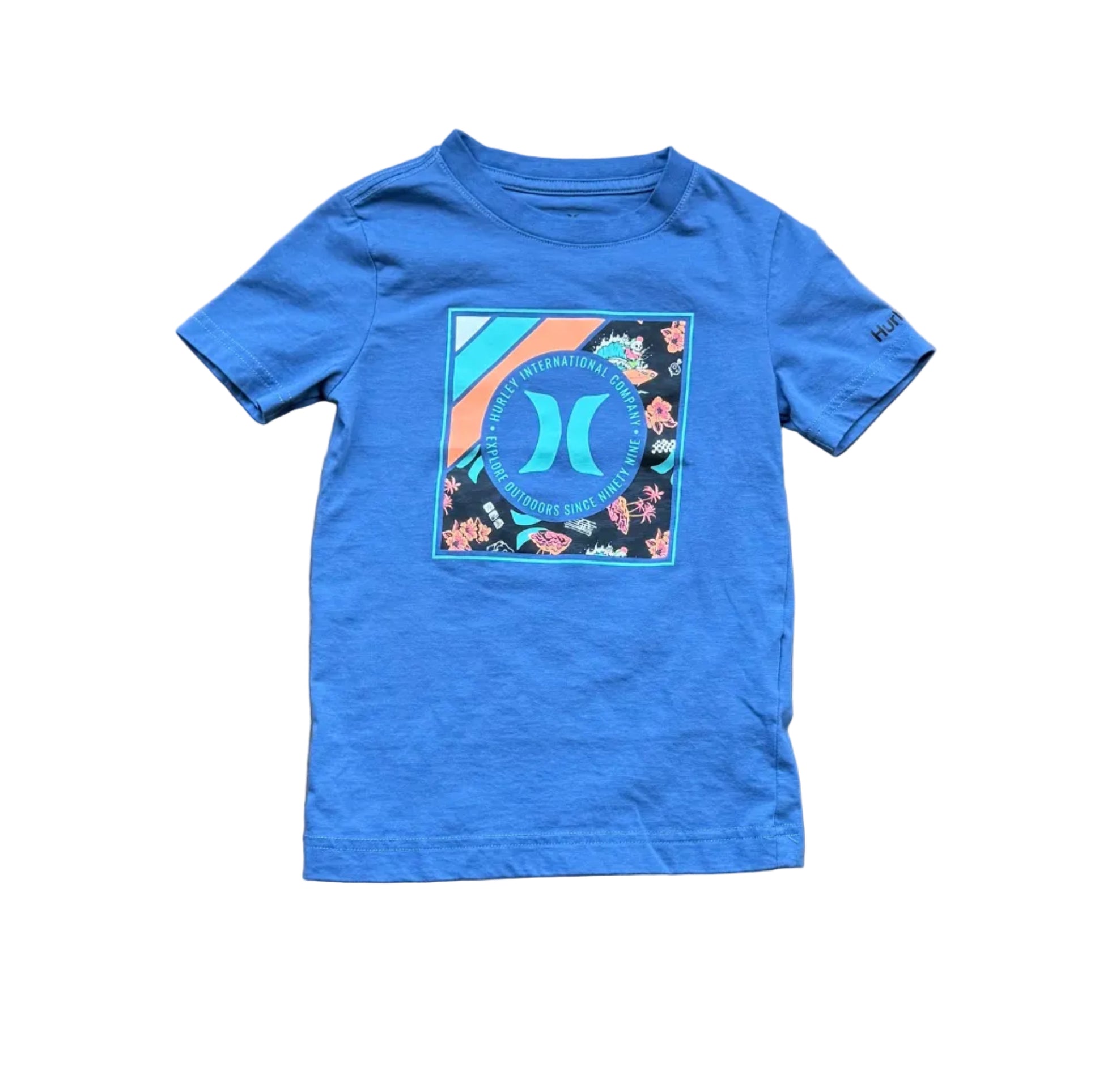T-shirt bleu Hurley 4-5 ans : grand visuel floral avec logo sur la poitrine