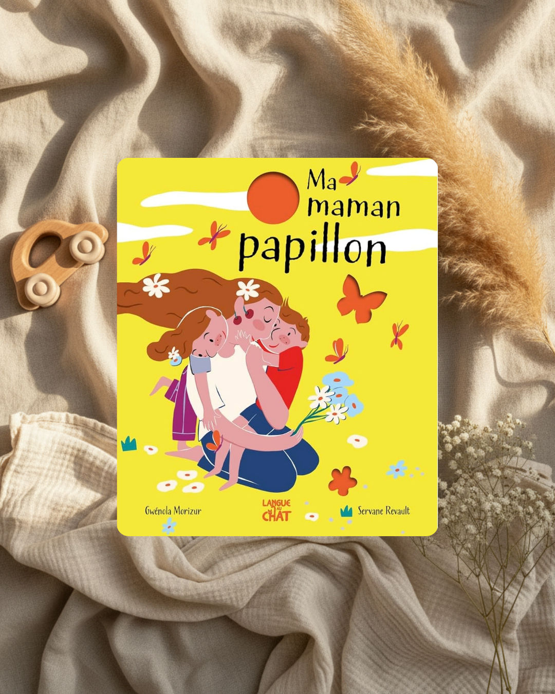 Livre jeunesse à couverture jaune avec illustration papillon et personnages