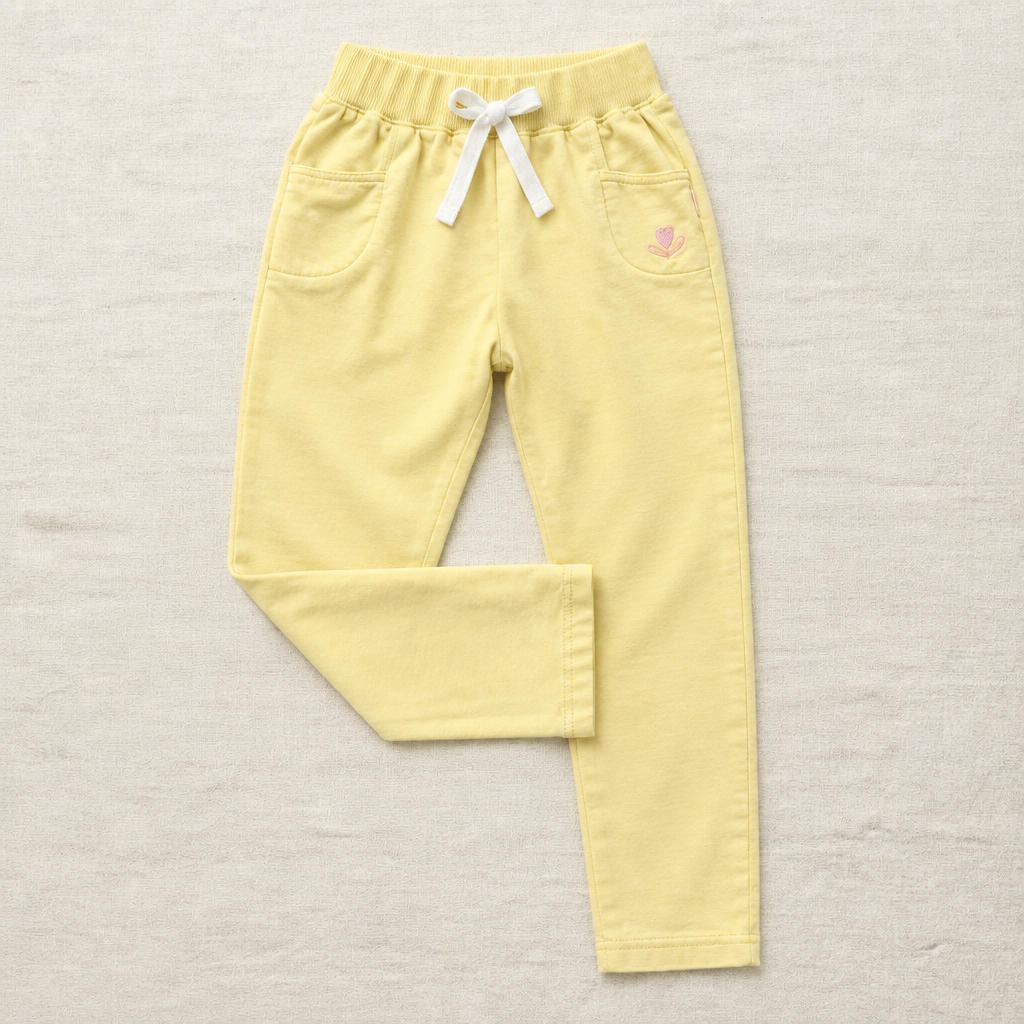 Pantalon jaune enfant 8 ans, taille élastique à cordon, poches et bas côtelé