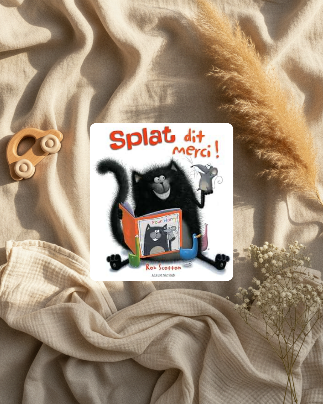 Couverture de livre jeunesse avec Splat et le texte « Dit merci ! »