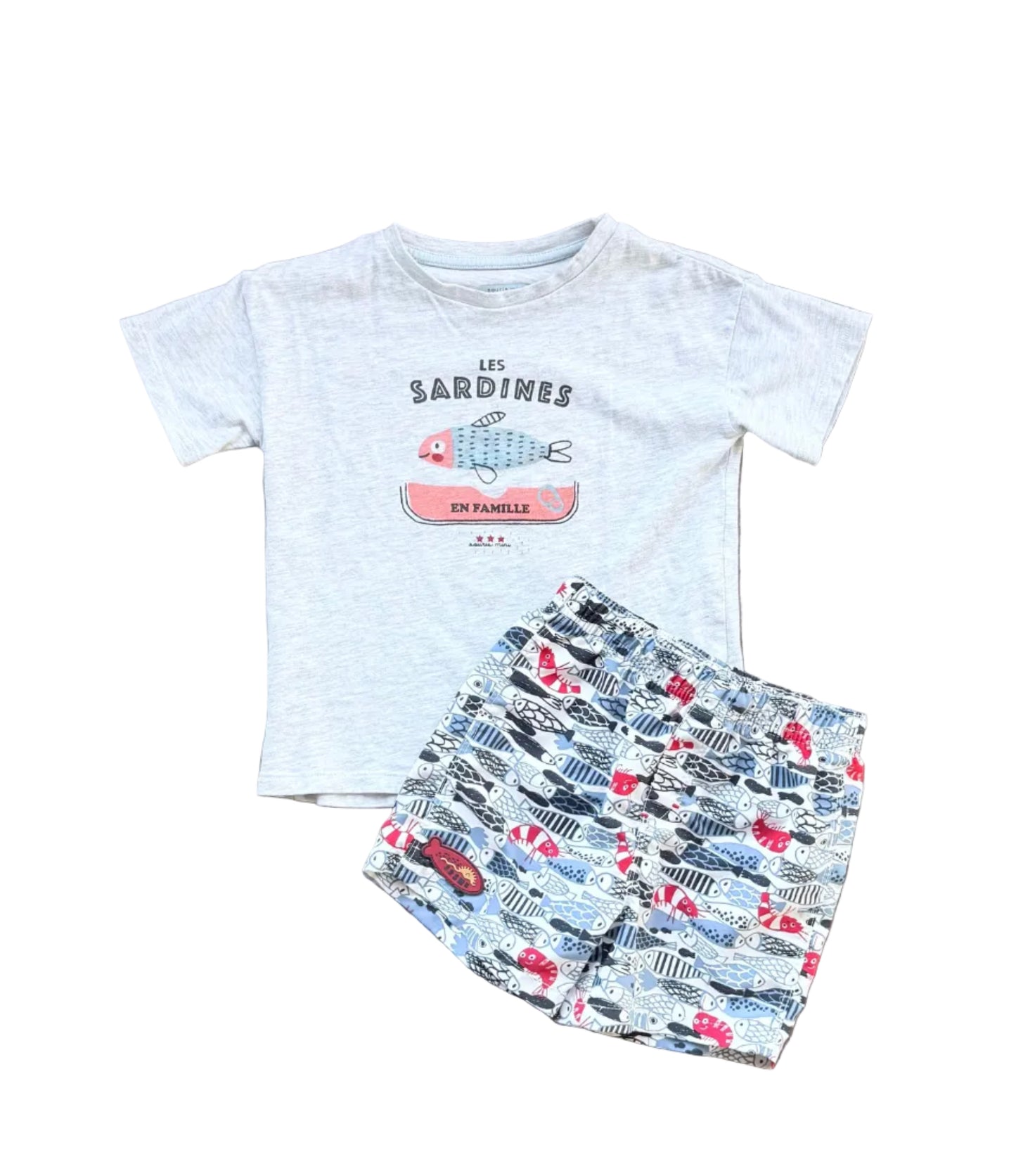 Ensemble bébé 2 pièces : tee-shirt bleu clair à motifs sardines, short assorti
