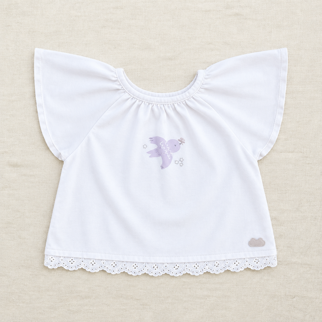 T-shirt bébé crème à manches évasées, col rond, broderie souris violette, bord dentelle
