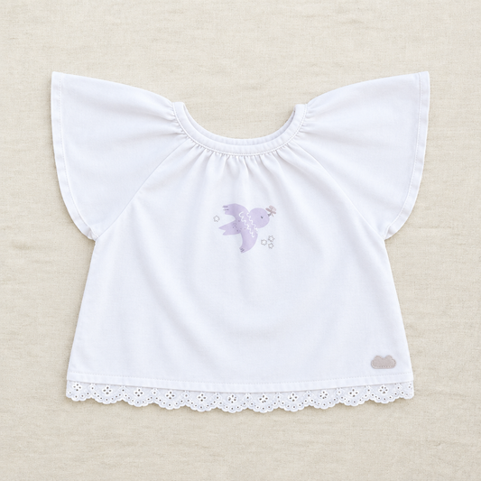 T-shirt bébé crème à manches évasées, col rond, broderie souris violette, bord dentelle